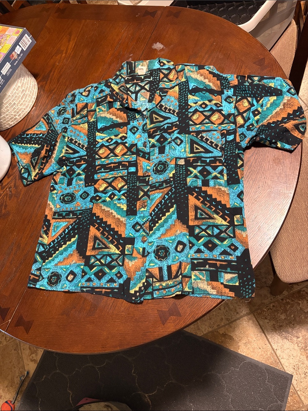 Vibrant Geometric Print Short-Sleeve Button-Up Shirt and Skirt Set